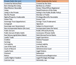 Table - showing 2 columns listing the differences between the private and public governmental systems