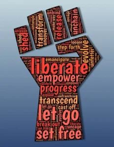 Animated image of a hand raised with slogans of freedom written  on it