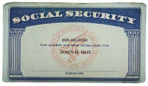 Image of social security card to illustrate the use of a fictional all caps name. 